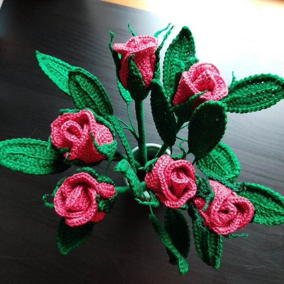 Red Crochet Rosebuds Last Forever 9" long stem rose unique faux flower cottage - Picture 12 of 15